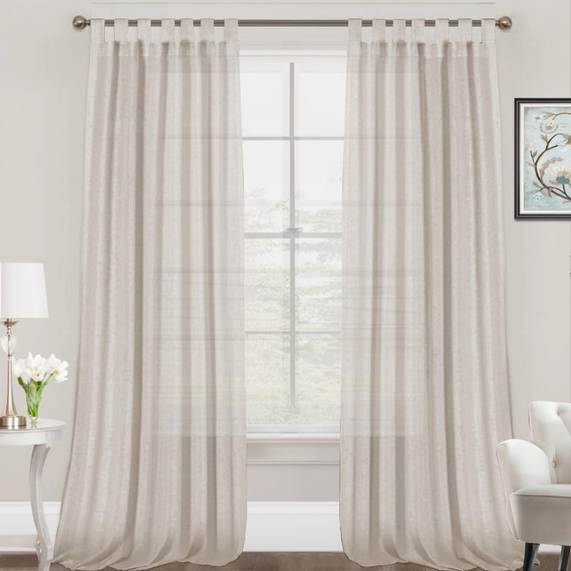 FantasDecor Linen Sheer Curtains 108 inch Length 2 Panels Tab Top for Living Room Bedroom Light Filtering Window Drapes Neutral Country Rustic Farmhouse Boho Shades, Angora - Image 1